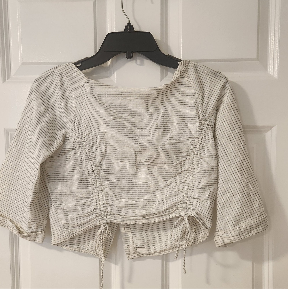 Zara Linen Blend Ruched Cream Striped Contemporary Crop Top 3/4 Sleeve